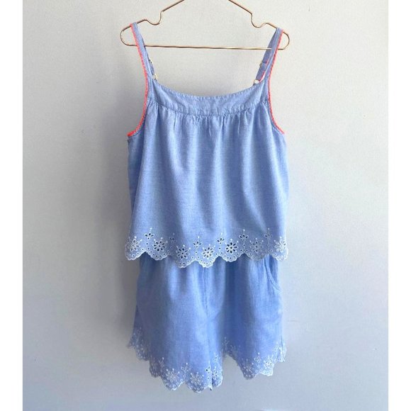 Mini Boden Girl's Fun Layered Chambray/Broderie Romper - Picture 1 of 8